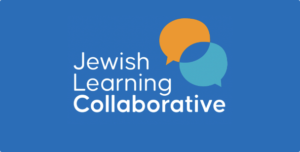 The logo of the Jewish Learning Collaborative: Two intersecting word bubbles, one orange, one teal, the intersection is the blue of the background, with the name in white text.